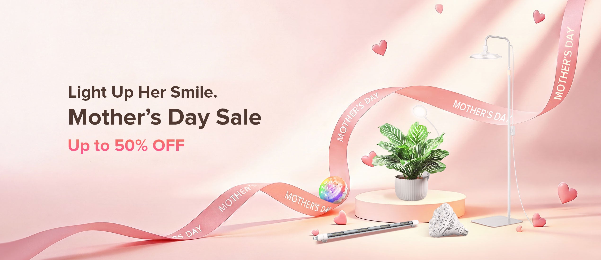 Promotional banner for Mother's Day sale with decorative elements and text on a pink background.