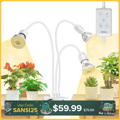 Lampada LED per la coltivazione SANSI da 30 W, regolabile, a 3 teste, con clip e timer, bianca