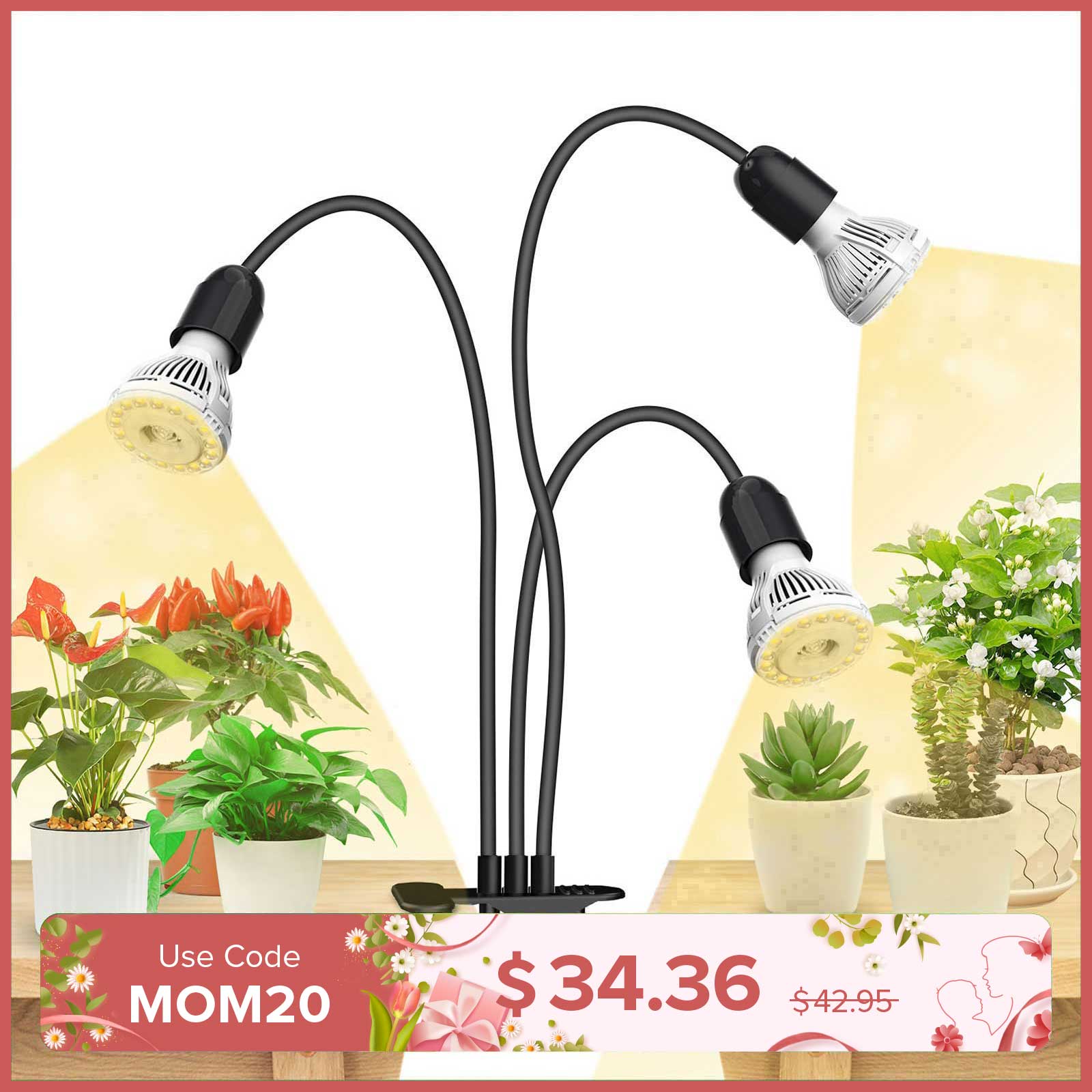 30W Adjustable 3-Head Clip-on LED Grow Light with Timer/No Timer