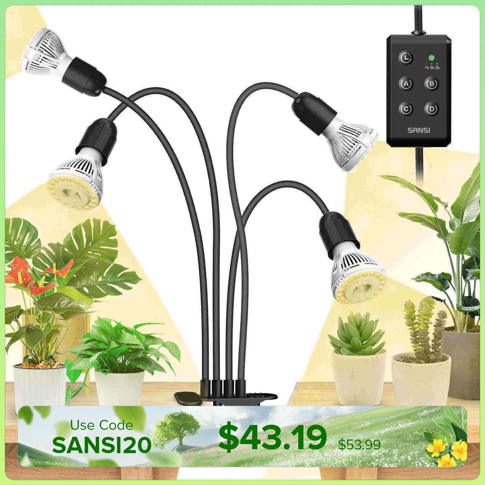 40W Adjustable 4-Head Clip-on LED Grow Light with Timer