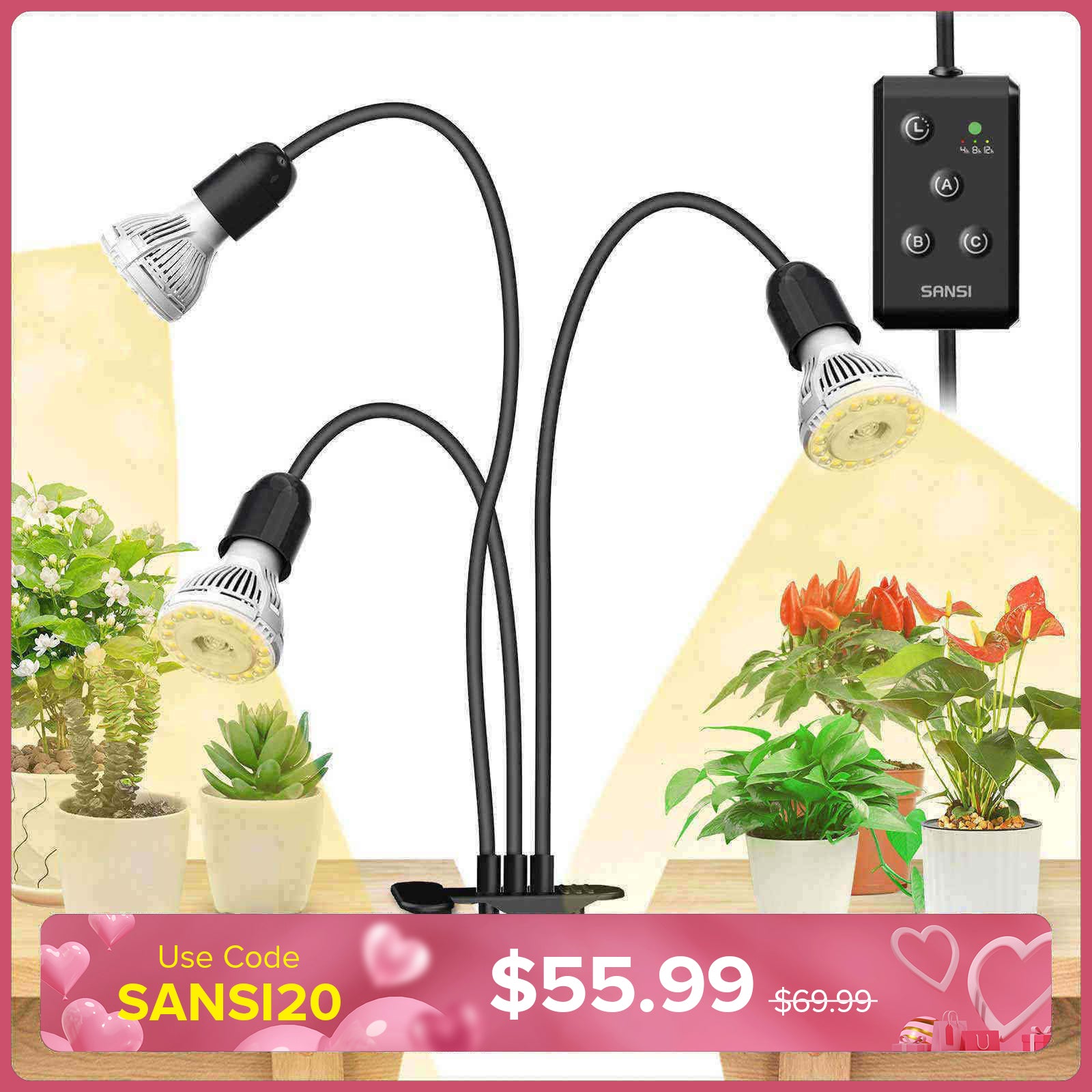 Sansi 30W Adjustable 3-Head Clip-on LED Grow Light with