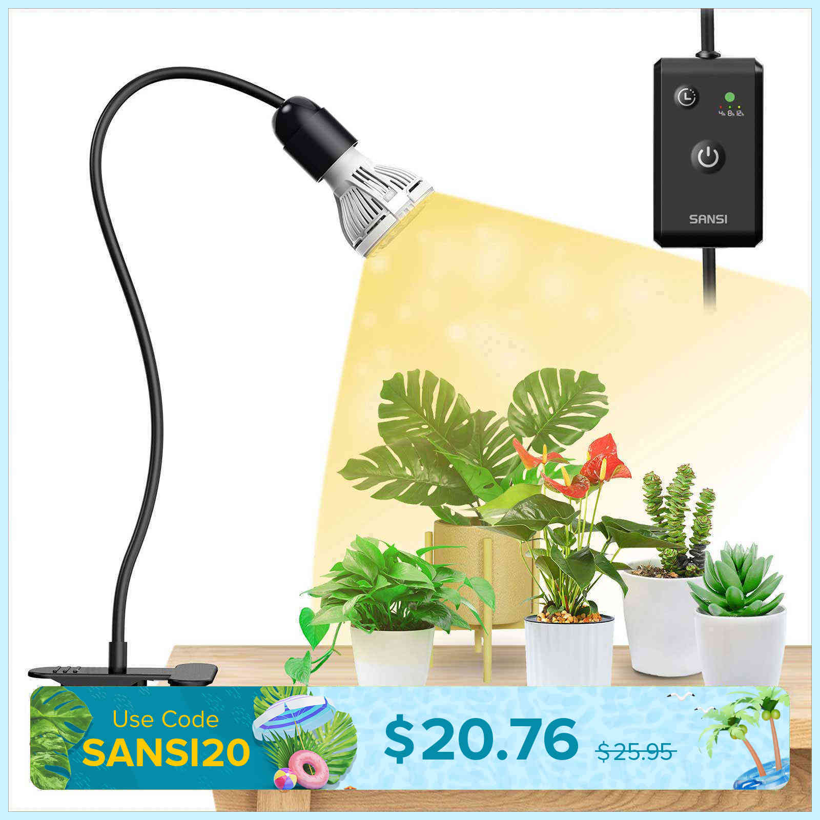 10W Adjustable 1-Head Clip-on LED Grow Light with Timer/ No Timer (US/CA ONLY)