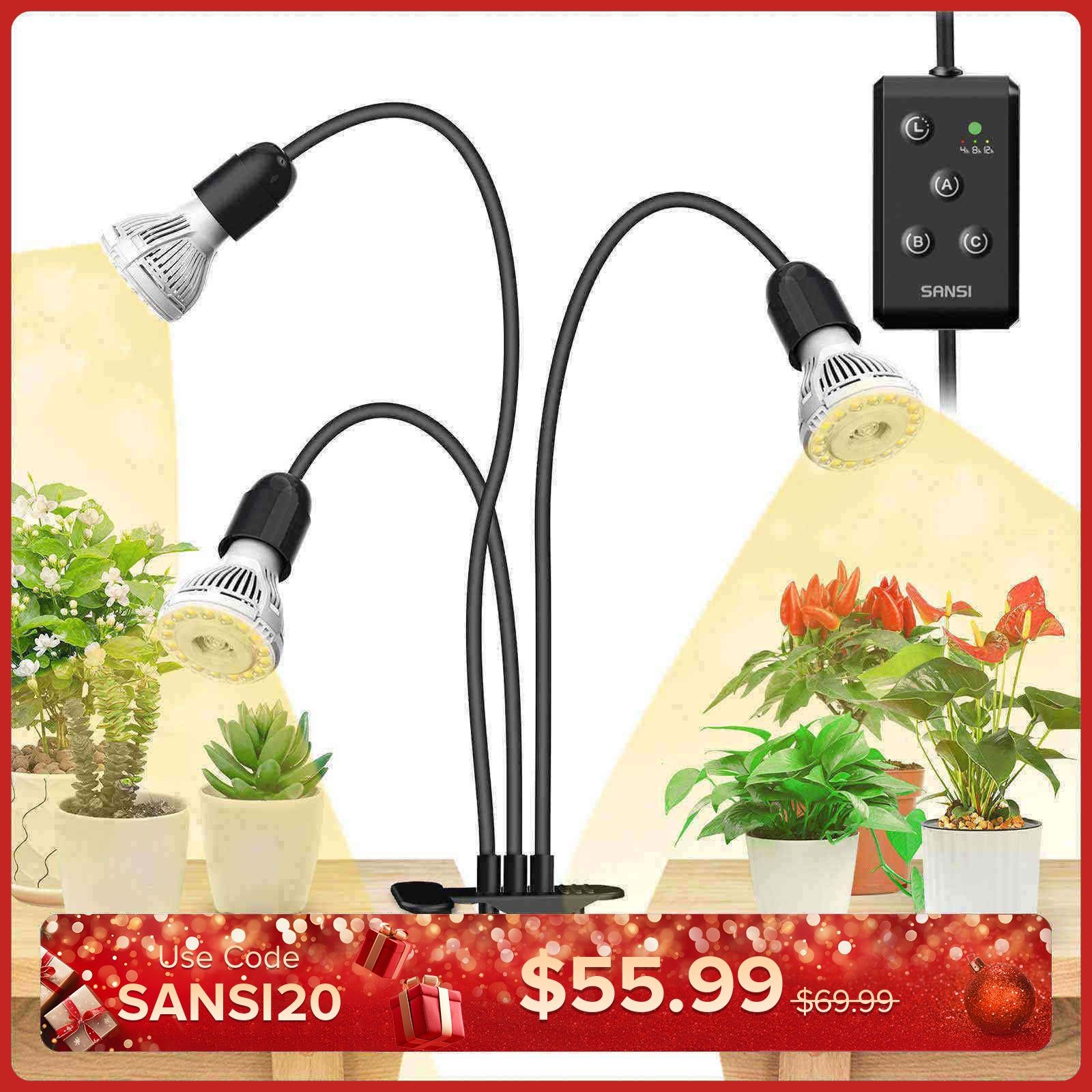 30 W verstellbare 3-Kopf-Clip-on-LED-Wachstumslampe mit Timer/ohne Timer