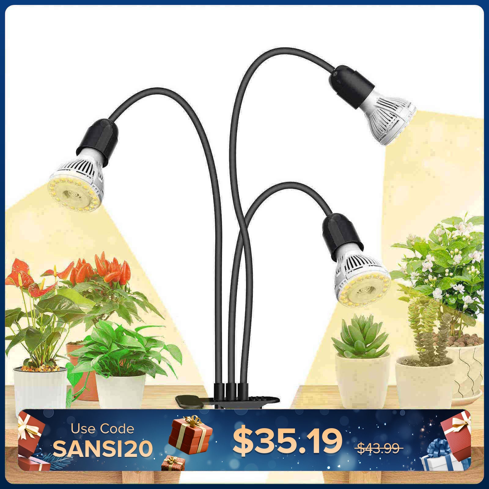 30 W verstellbares 3-Kopf-LED-Pflanzenlicht zum Anklemmen (NUR USA/Kanada) 