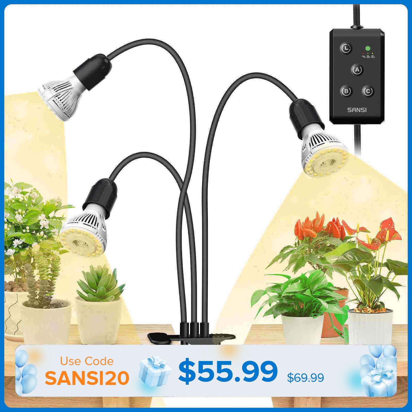 Sansi 30W Adjustable 3-Head Clip-on LED Grow Light with Timer