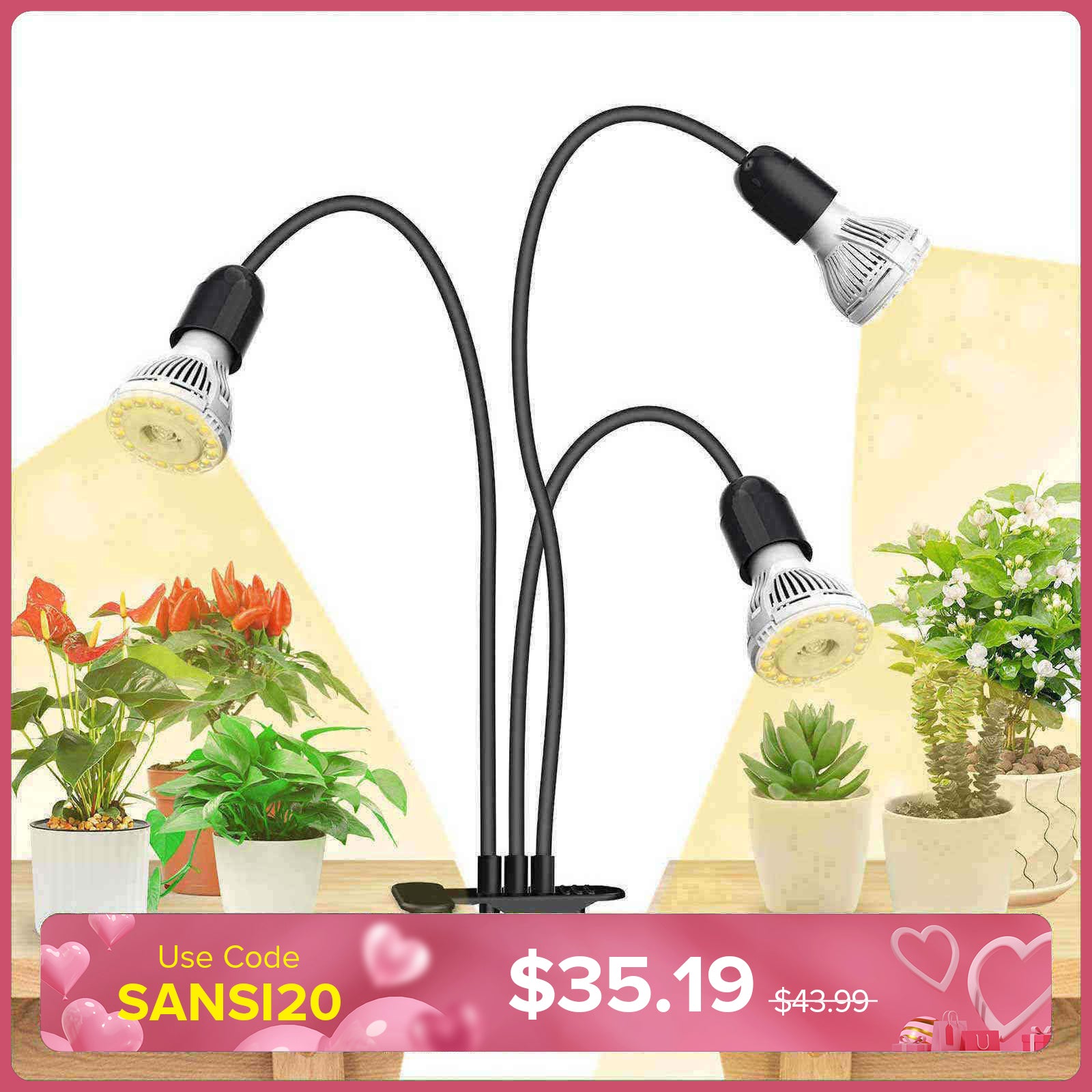 Lampada LED da coltivazione con clip regolabile a 3 teste da 30 W (SOLO USA/CA) 