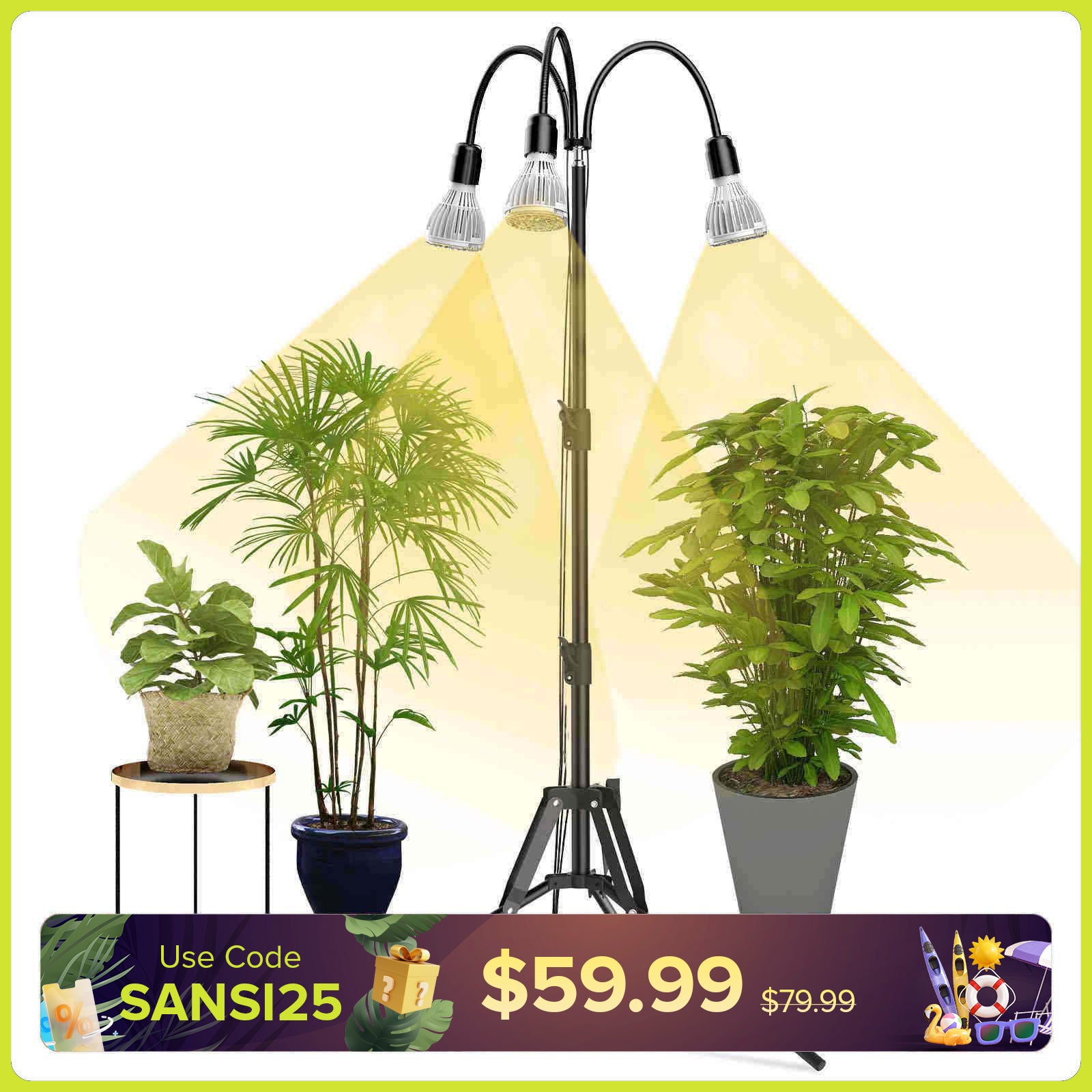 SANSI Upgraded 90W Multi-head Grow Light with Adjustable Tripod Stand