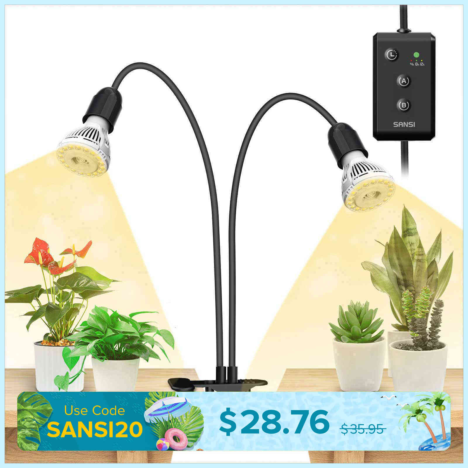 20W Adjustable 2-Head Clip-on LED Grow Light With Timer/No Timer