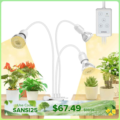SANSI 30W Adjustable 3-Head Clip-on LED Grow Light with Timer-White