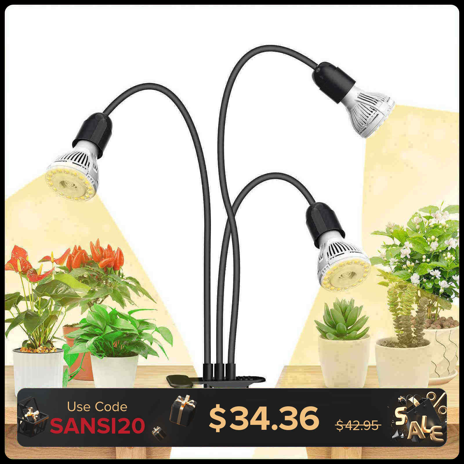 30 W verstellbare 3-Kopf-Clip-on-LED-Wachstumslampe mit Timer/ohne Timer