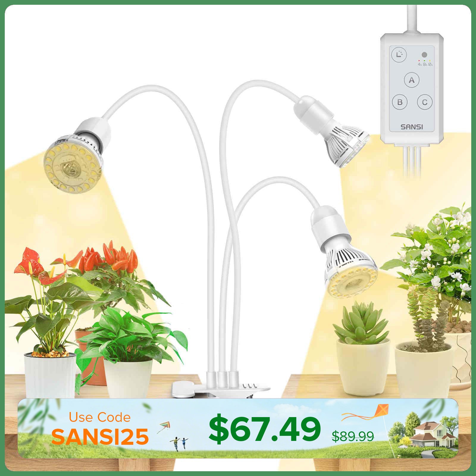 SANSI 30W Adjustable 3-Head Clip-on LED Grow Light with Timer-White