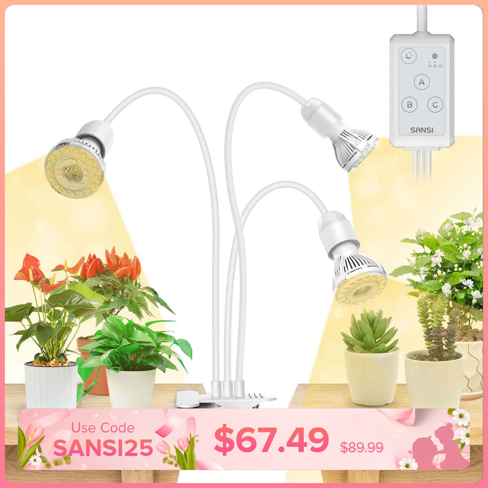 SANSI 30W Adjustable 3-Head Clip-on LED Grow Light with Timer-White