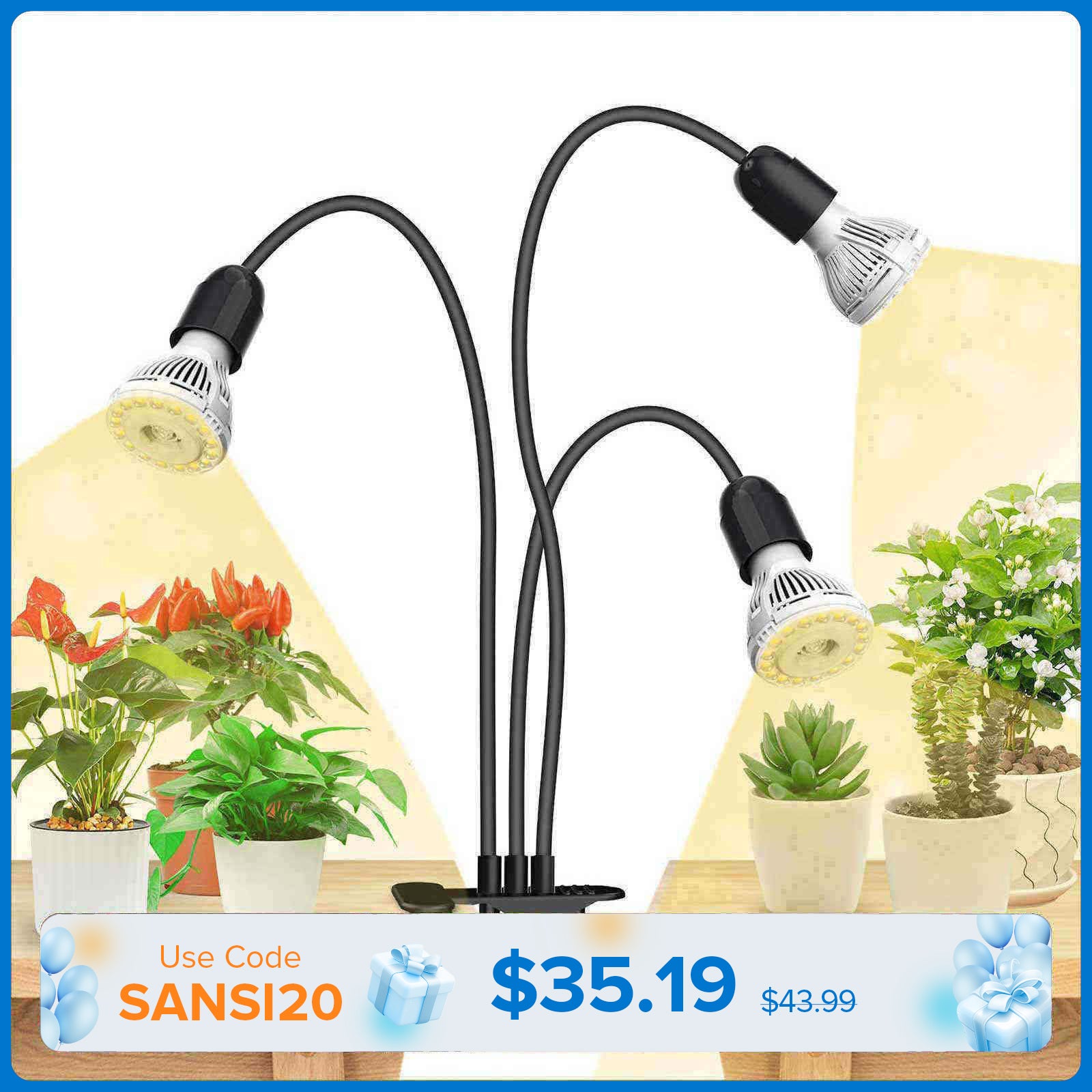 30W Adjustable 3-Head Clip-on LED Grow Light (US/CA ONLY)