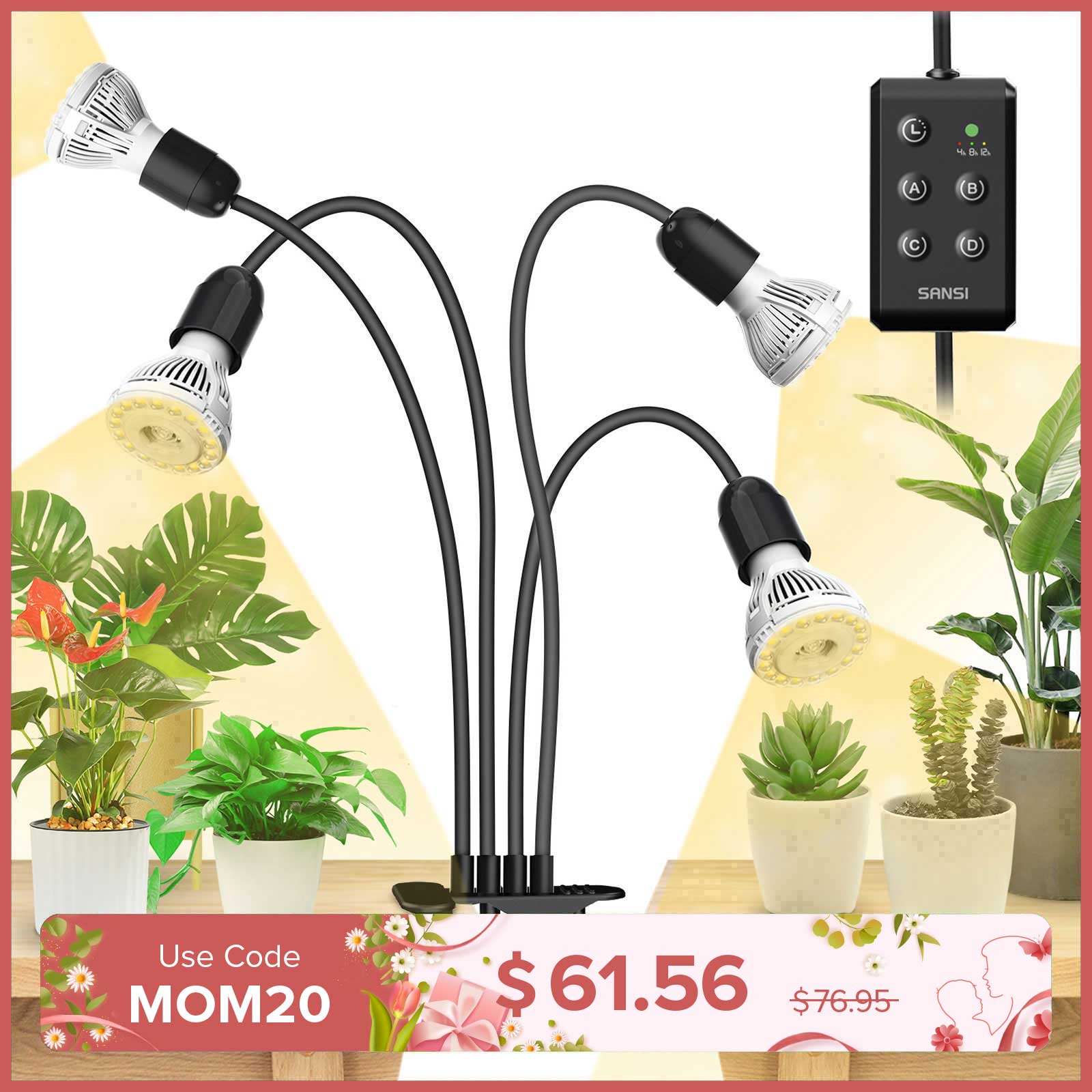 40W Adjustable 4-Head Clip-on LED Grow Light with Timer/No Timer