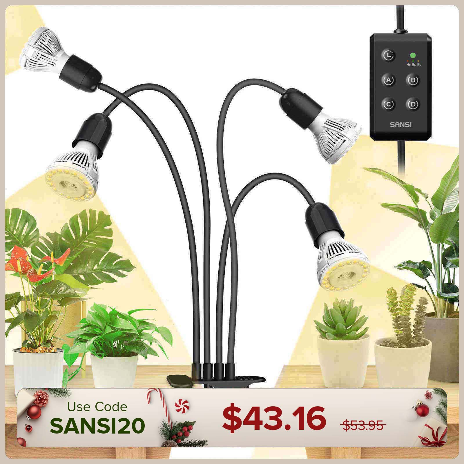 40W Adjustable 4-Head Clip-on LED Grow Light with Timer/No Timer