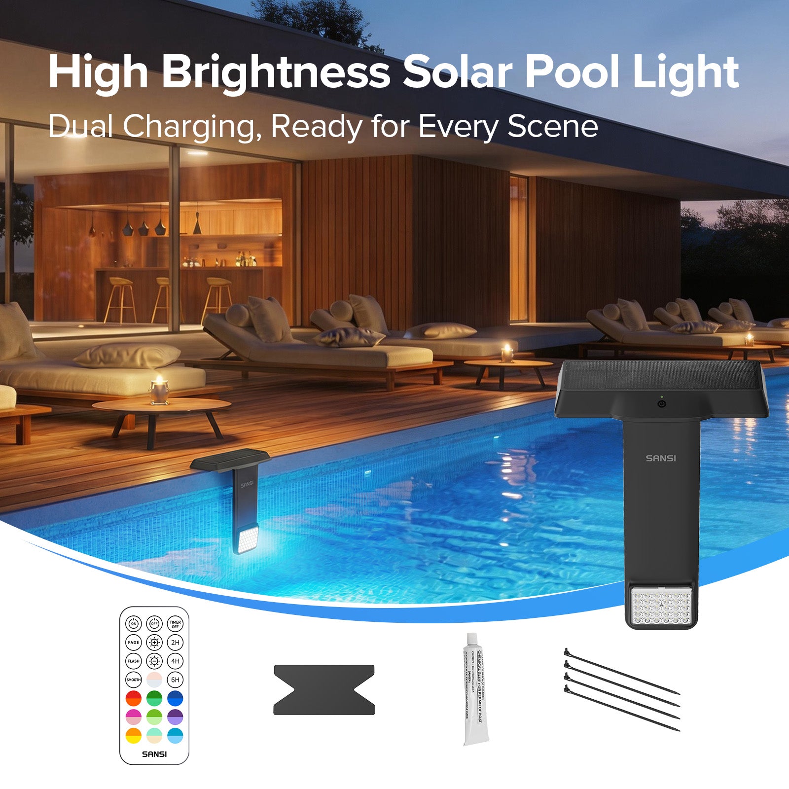 SANSI Solar RGB LED Pool Light with Remote Control