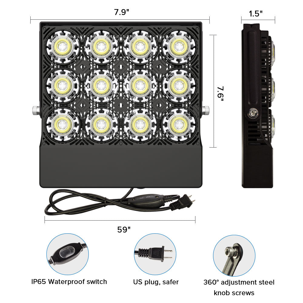 Size information and plug information for 70W LED Flood Light (US ONLY).