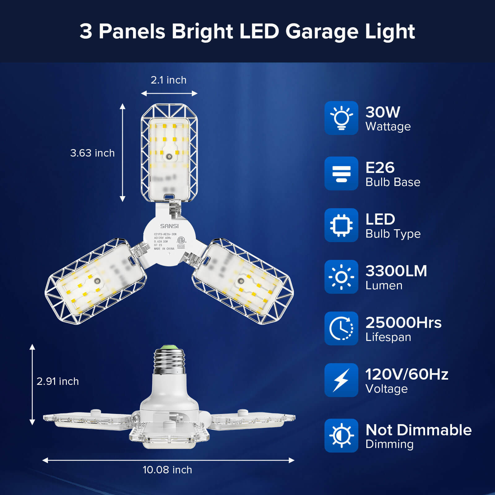30W 3 Adjustable Panels Garage Light, 3300LM, 25000 hrs, 120V/60HZ, not dimmable