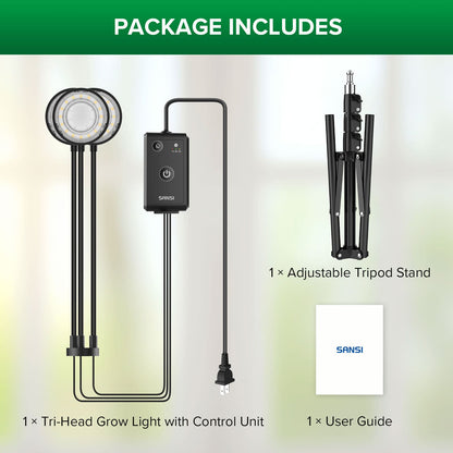 30W 3-Head Adjustable Tripod Stand Grow Light with Remote Control，package includes 1x tri-head grow light with control unit, 1x adjustable tripod stand and 1x user guide.