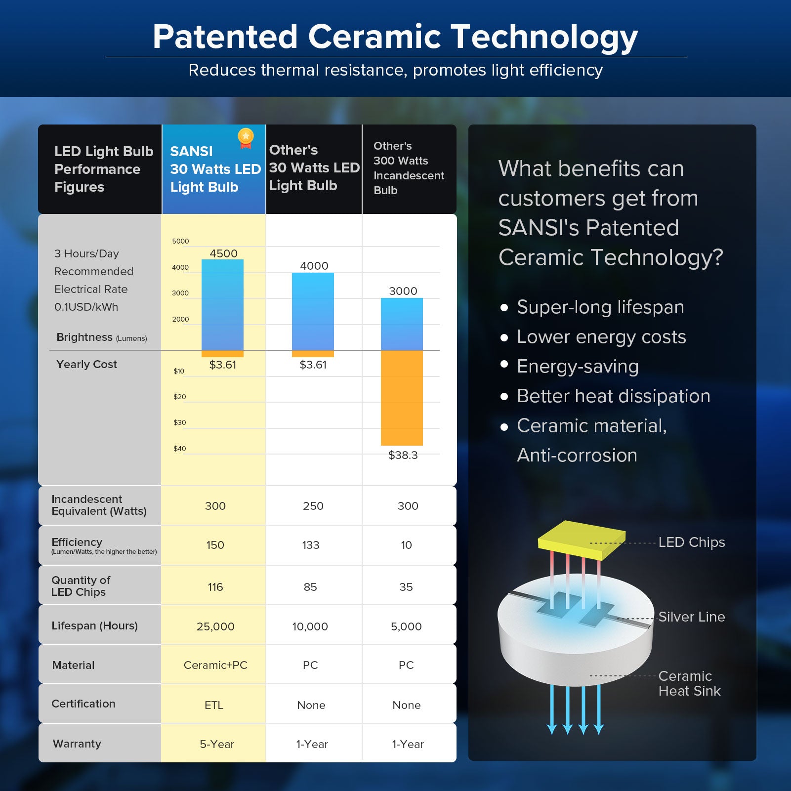 A19 30W LED 3000K/5000K Light Bulb  has patented ceramic technology, reduces thermal resistance, promoted light efficiency