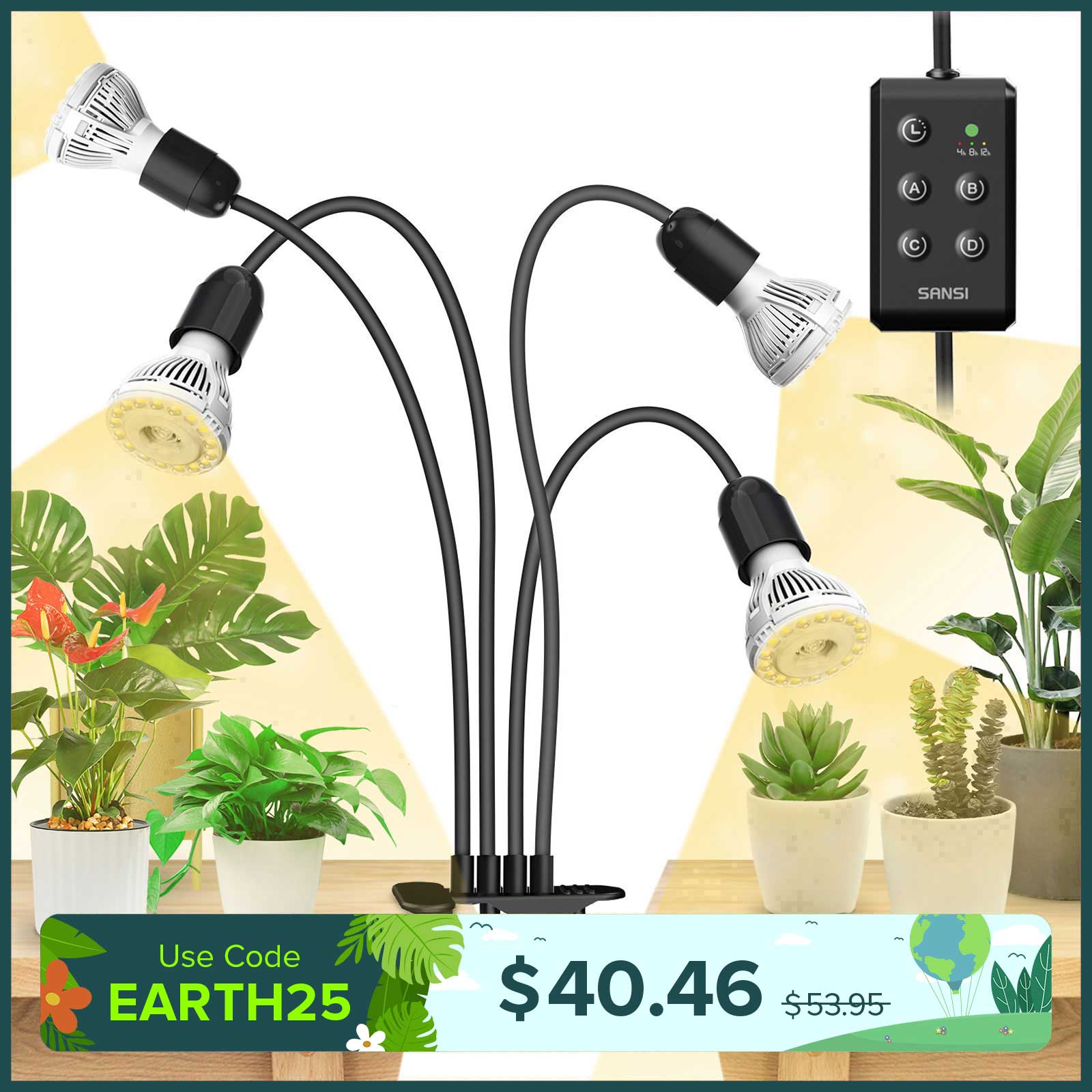 40W Adjustable 4-Head Clip-on LED Grow Light with Timer/No Timer