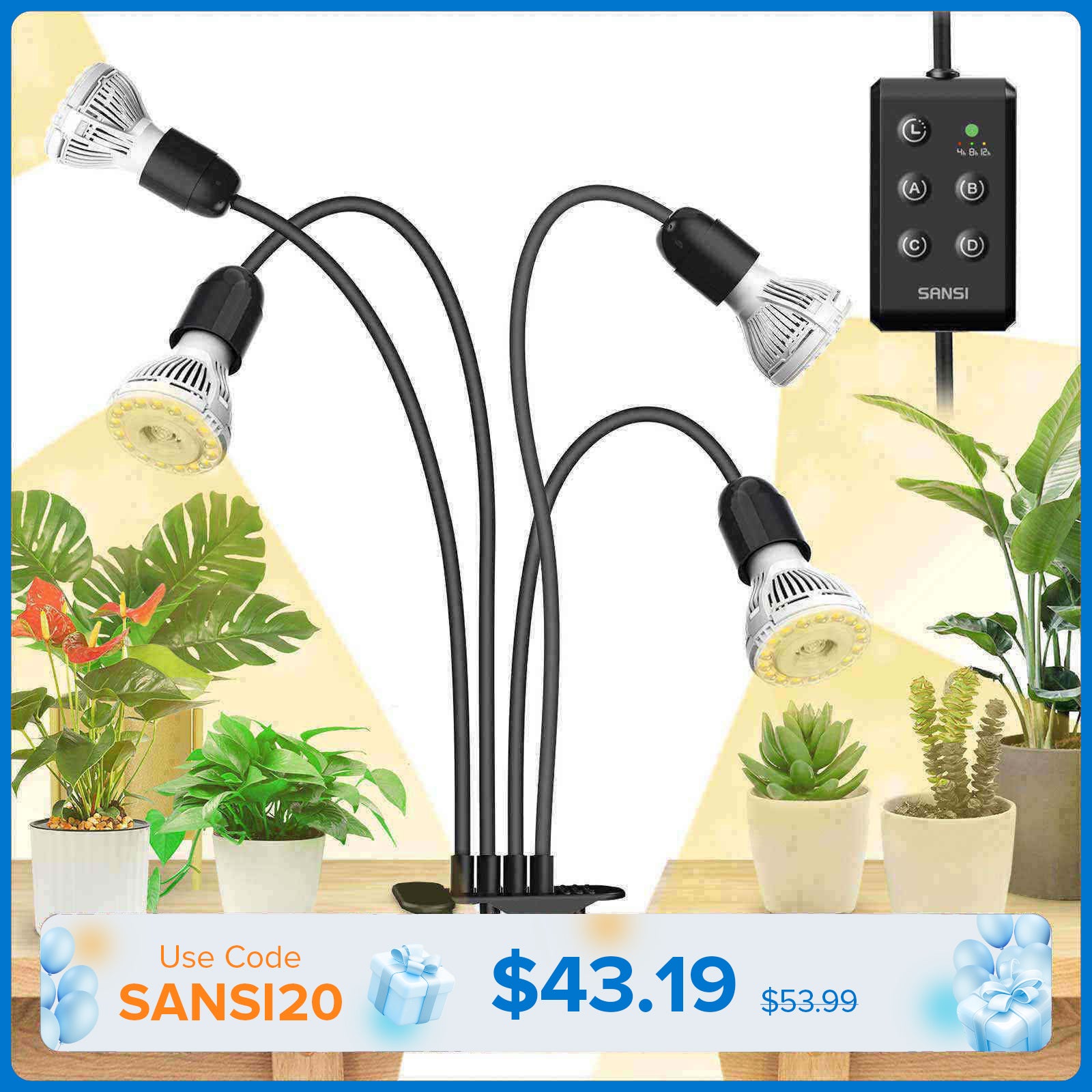 40W Adjustable 4-Head Clip-on LED Grow Light with Timer