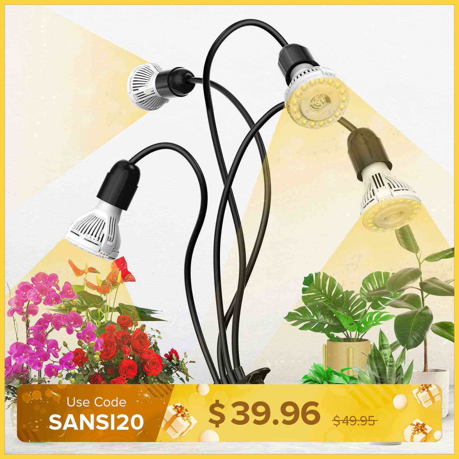 40W Adjustable 4-Head Clip-on LED Grow Light with Timer/No Timer