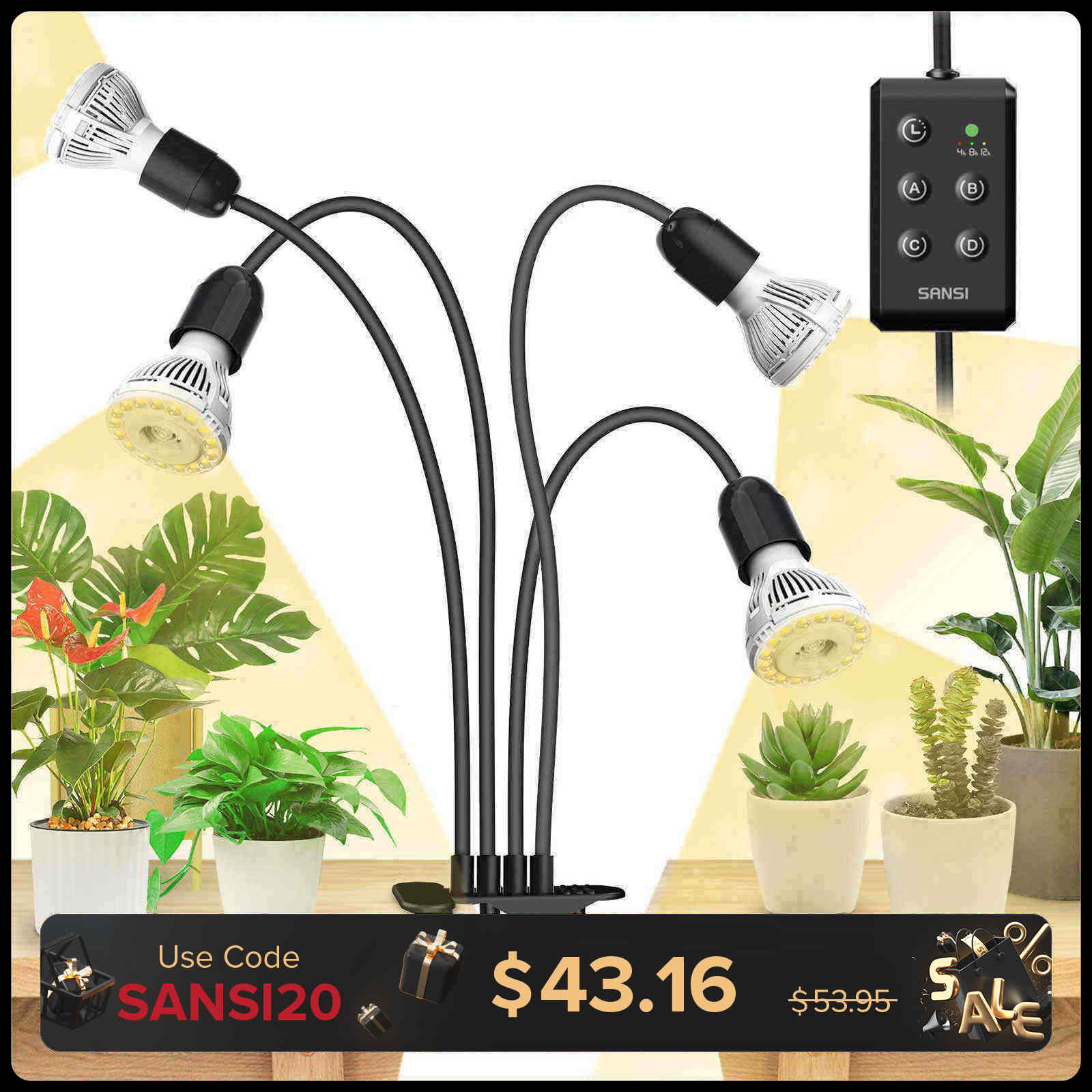 SANSI 40W Adjustable 4-Head Clip-on LED Grow Light with Timer/No Timer