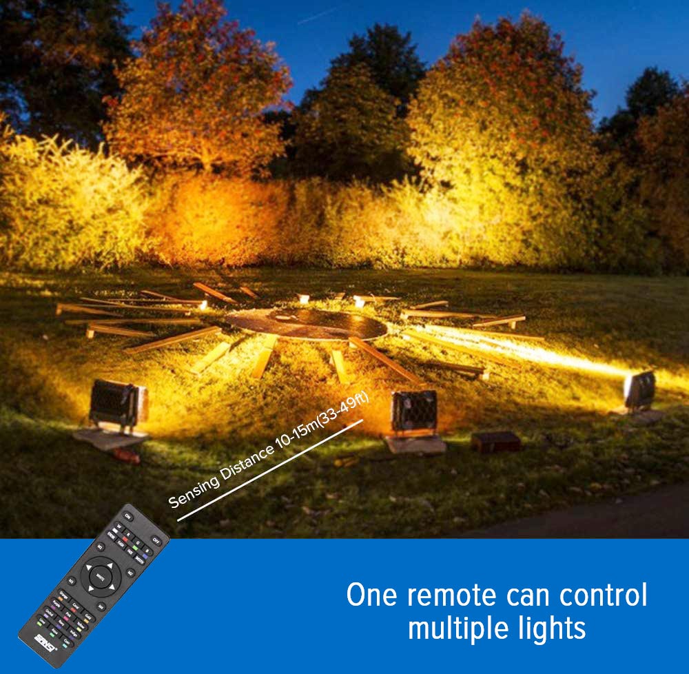 Sensitive Remote Sensor:With 32 Keys IR remote control to vitalize this 30W RGB floodlight (remote control Sensing distance 33~49ft). One remote can control several lights. The improved memory function keeps the color and mode you set last time.