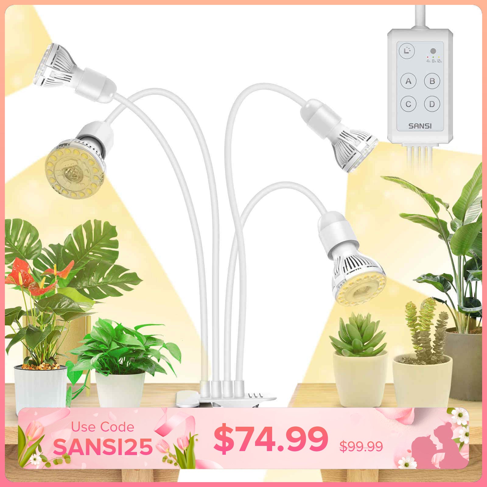 SANSI 40W Adjustable 4-Head Clip-on LED Grow Light with Timer-White