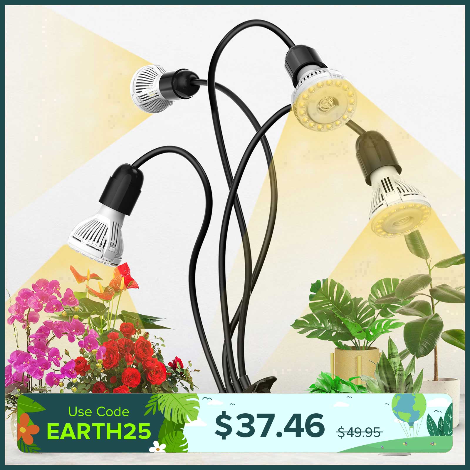 40W Adjustable 4-Head Clip-on LED Grow Light with Timer/No Timer