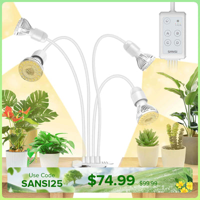 SANSI 40W Adjustable 4-Head Clip-on LED Grow Light with Timer-White