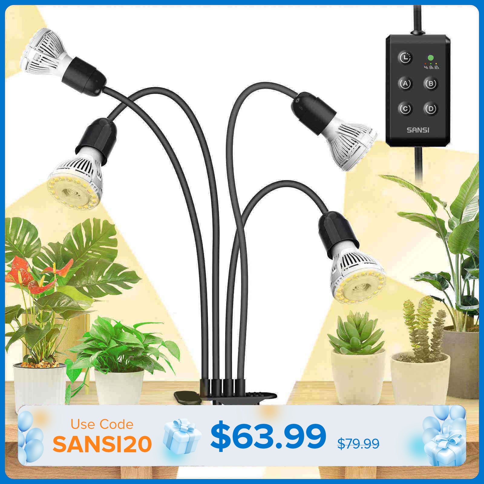 40W Adjustable 4-Head Clip-on LED Grow Light with Timer