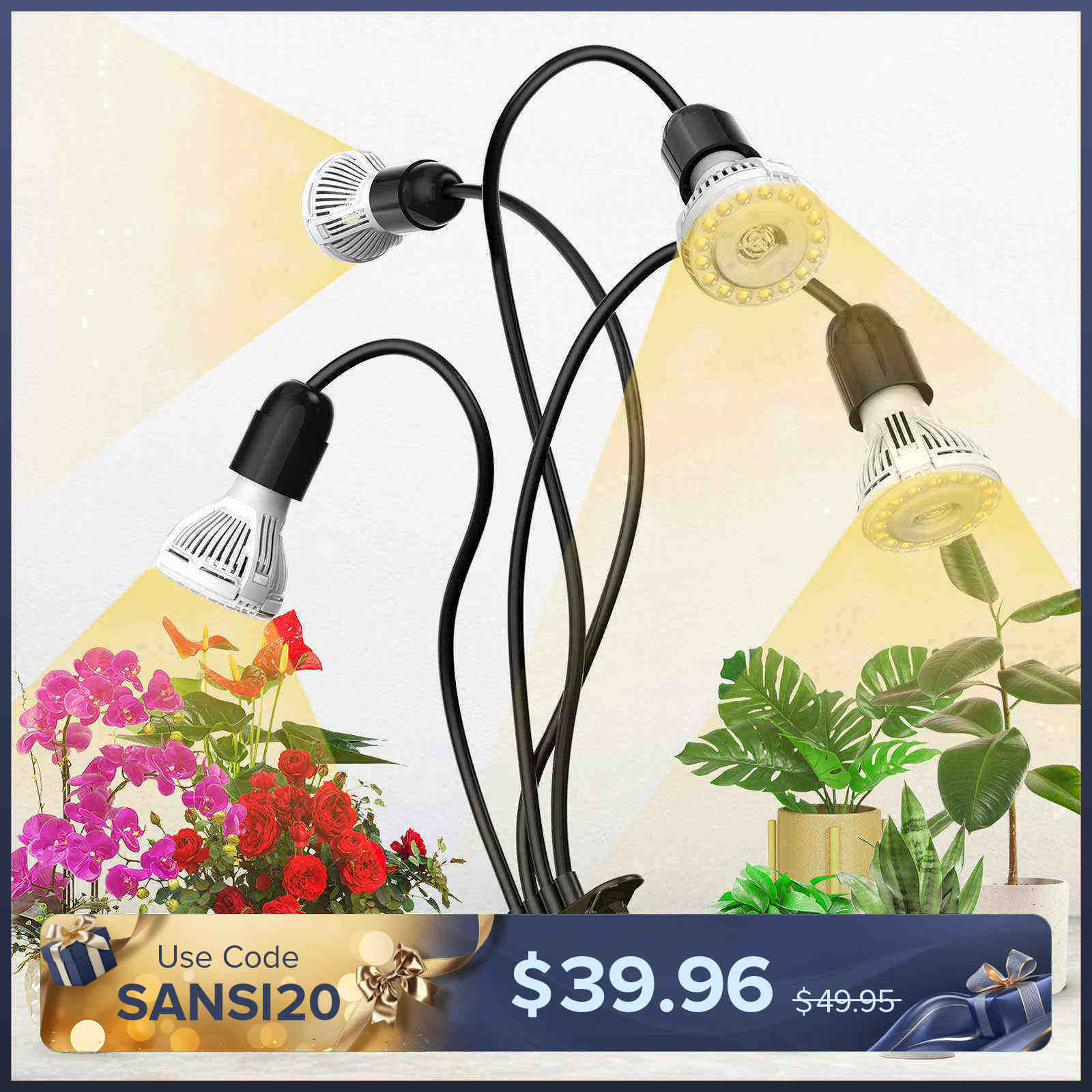 40W Adjustable 4-Head Clip-on LED Grow Light with Timer/No Timer