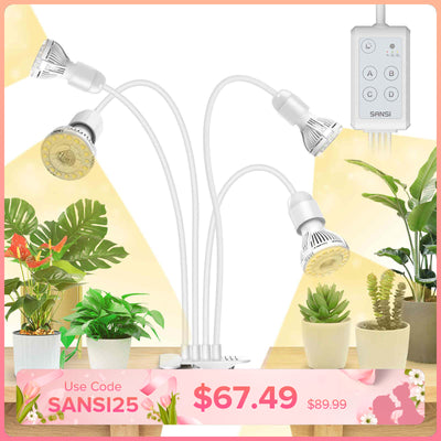 SANSI 40W Adjustable 4-Head Clip-on LED Grow Light with Timer-White