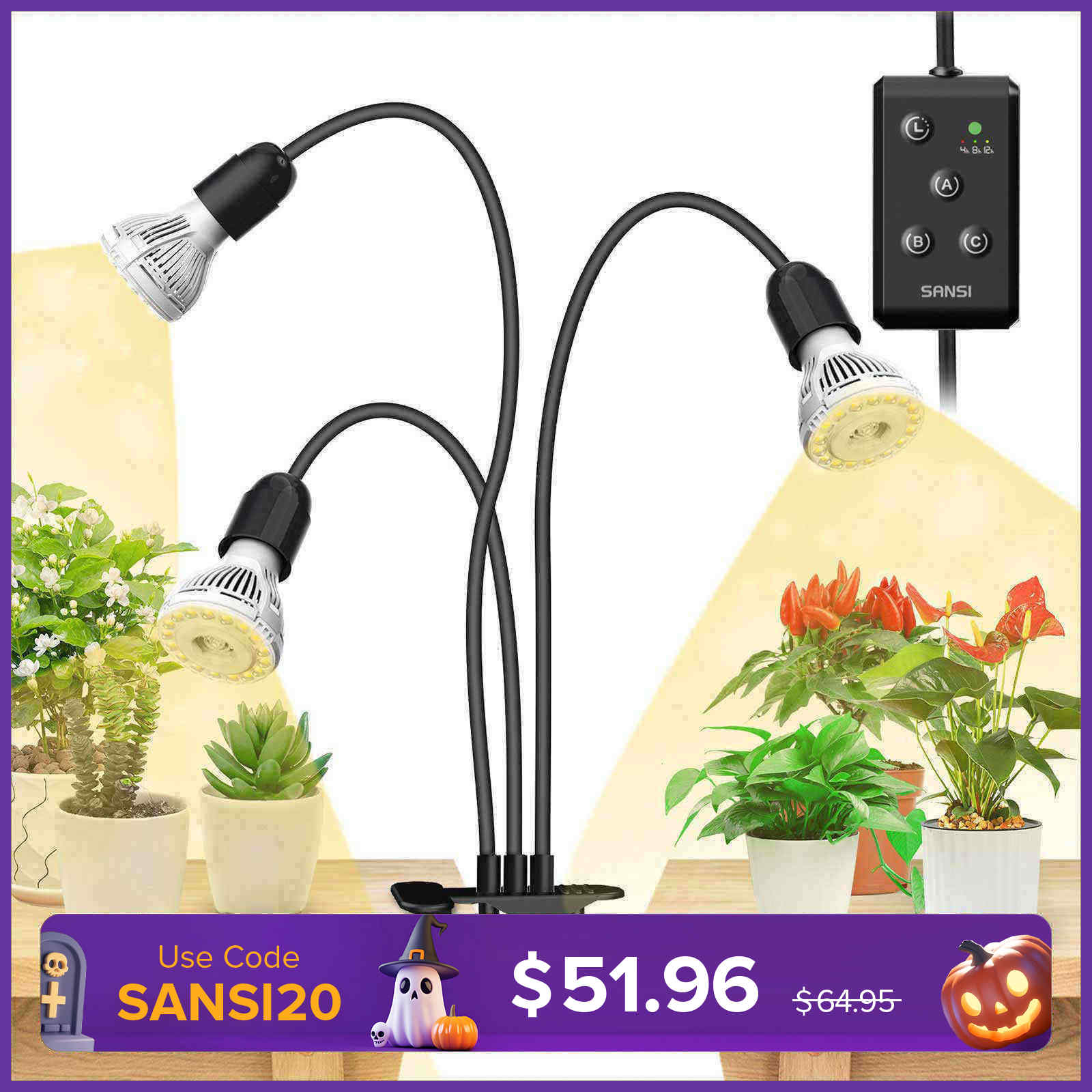 Sansi 30W Adjustable 3-Head Clip-on LED Grow Light with Timer/No Timer