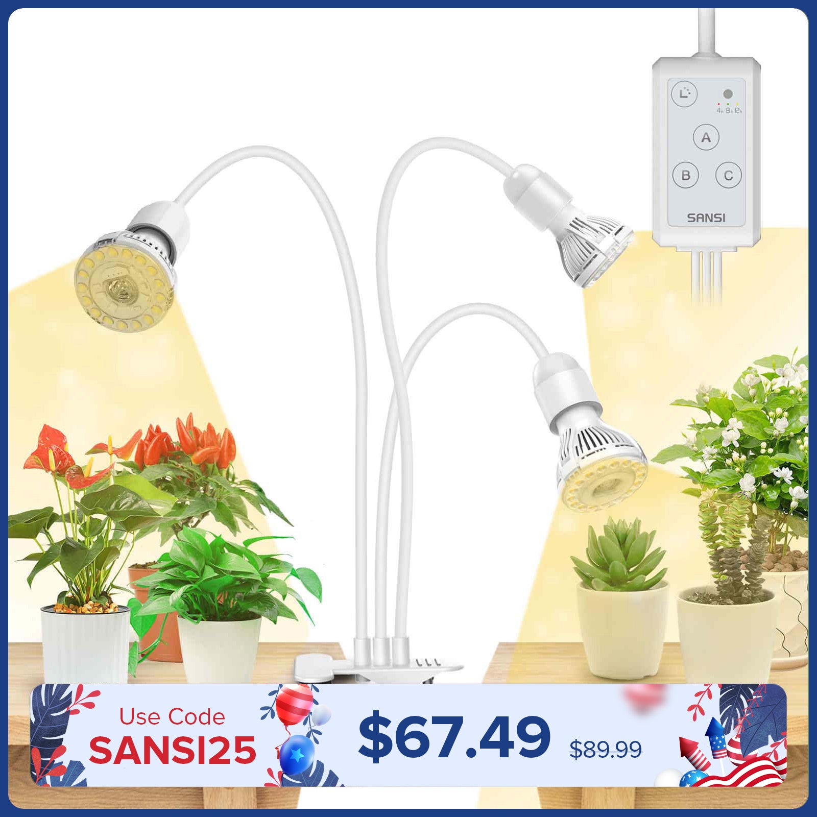 SANSI 30W Adjustable 3-Head Clip-on LED Grow Light with Timer-White