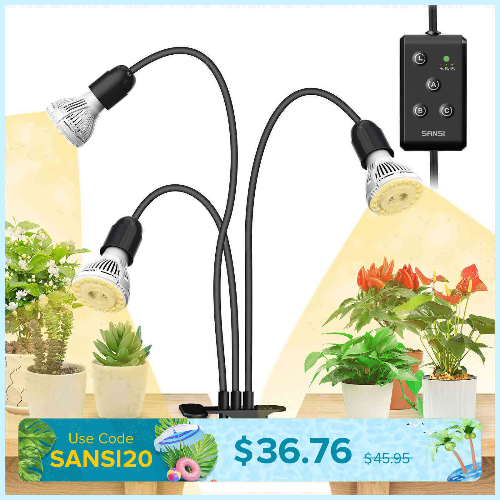 30W Adjustable 3-Head Clip-on LED Grow Light with Timer/No Timer