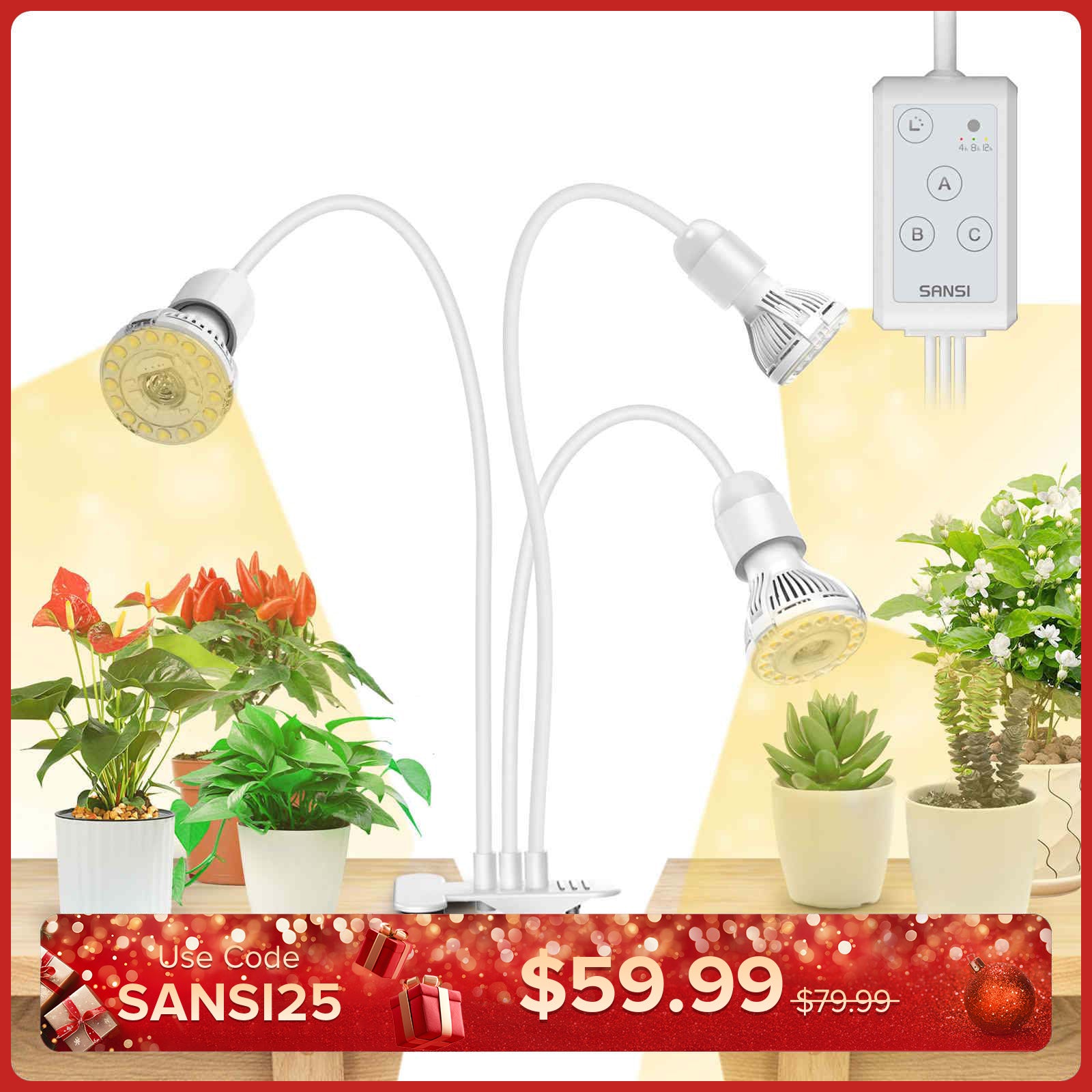 30 W verstellbare 3-Kopf-Clip-on-LED-Wachstumslampe mit Timer/ohne Timer