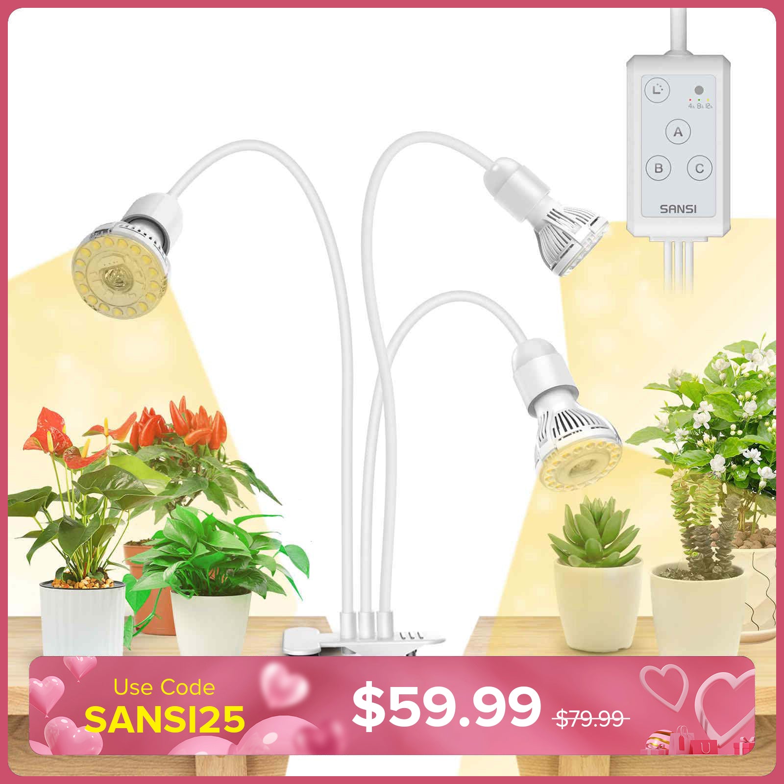 Lampada LED per la coltivazione SANSI da 30 W, regolabile, a 3 teste, con clip e timer, bianca