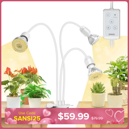 Lampada LED per la coltivazione SANSI da 30 W, regolabile, a 3 teste, con clip e timer, bianca