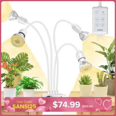 SANSI 40W Adjustable 4-Head Clip-on LED Grow Light with Timer-White