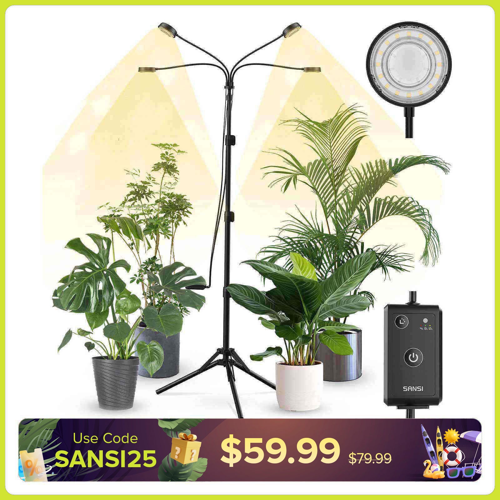 SANSI 40W 4-Head Adjustable Tripod Stand Grow Light with Remote Control