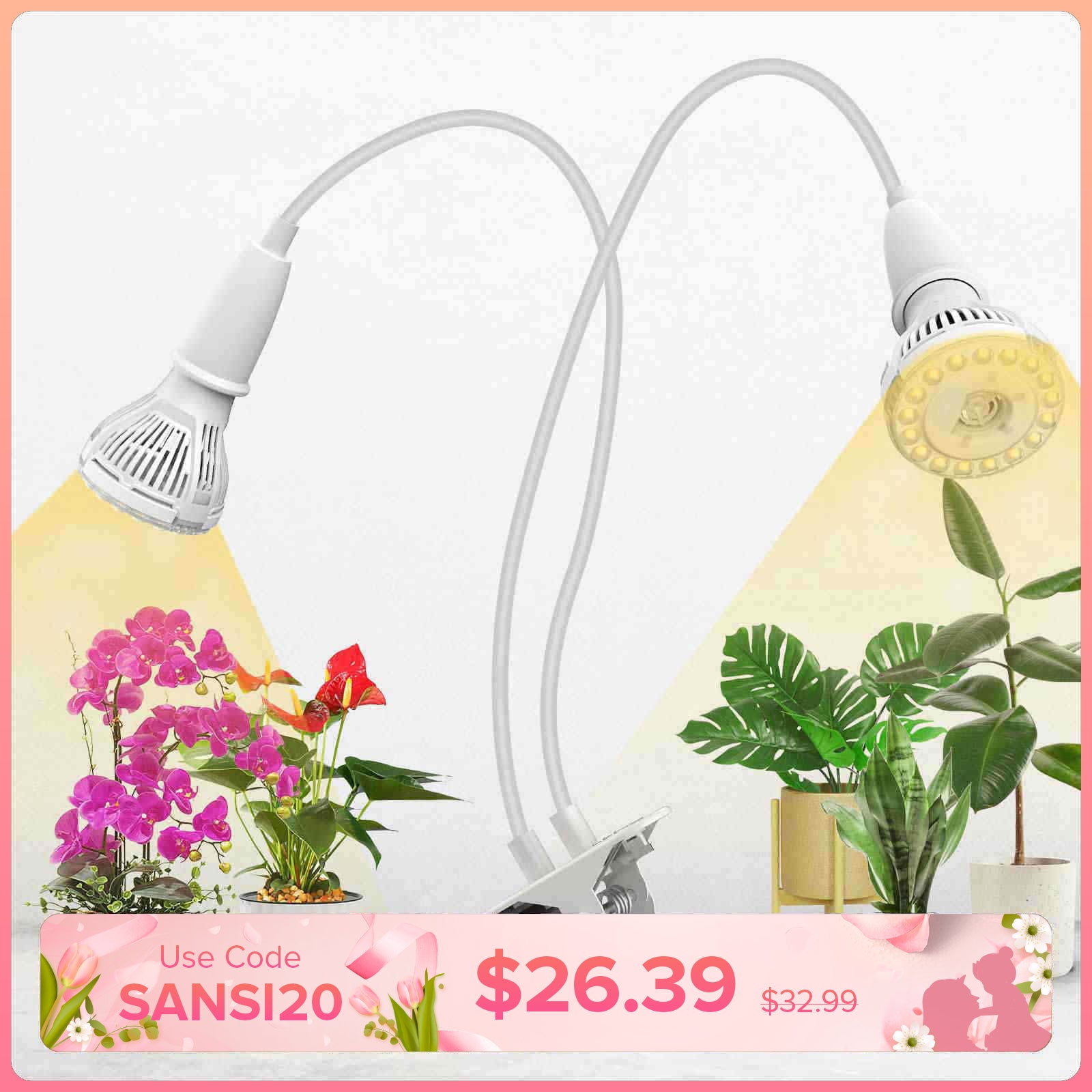 20W Adjustable 2-Head Clip-on LED Grow Light