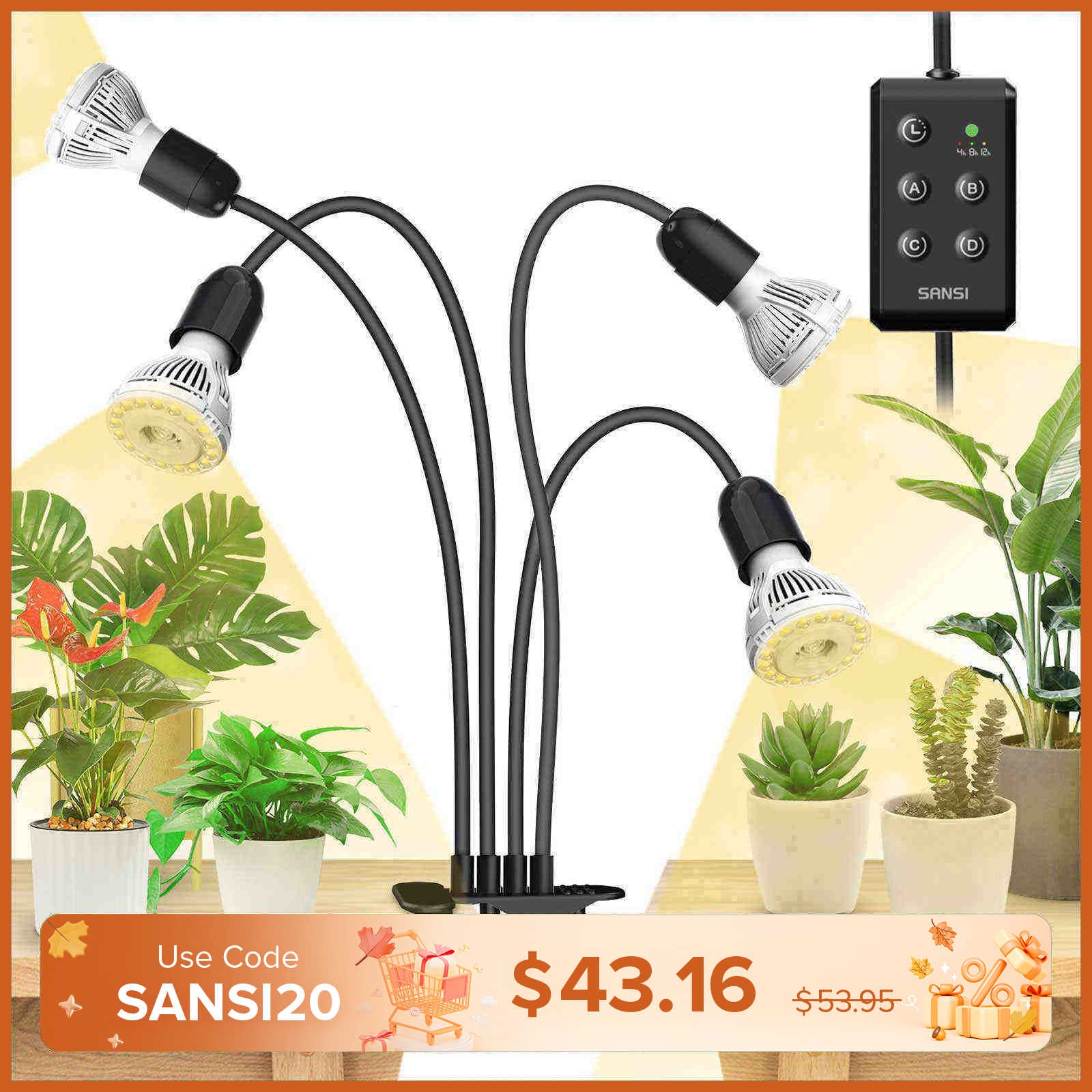 40W Adjustable 4-Head Clip-on LED Grow Light with Timer/No Timer