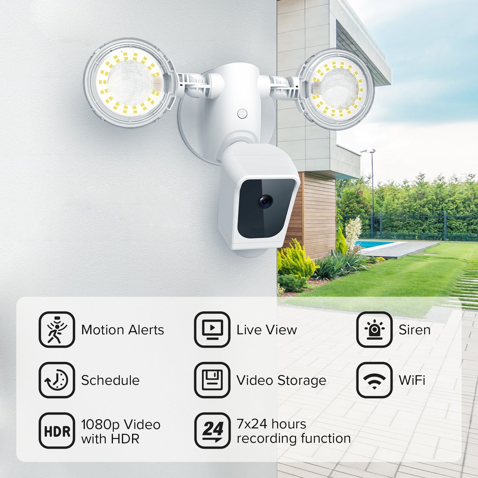 35W Smart Led Security Light (With Camera&Motion Sensor), live view, siren, schedule, video storage, wifi, 180p video with HDR, 7*24 hours recording function