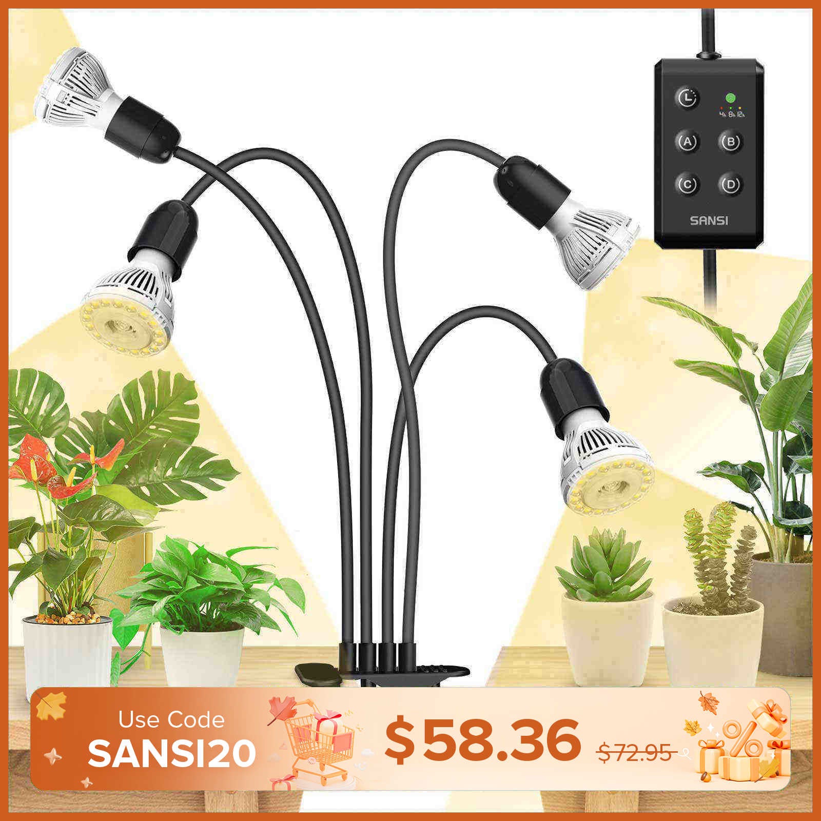 40W Adjustable 4-Head Clip-on LED Grow Light with Timer/No Timer