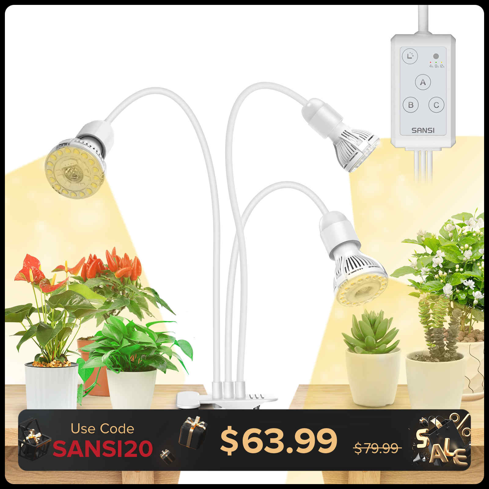 30 W verstellbare 3-Kopf-Clip-on-LED-Wachstumslampe mit Timer/ohne Timer