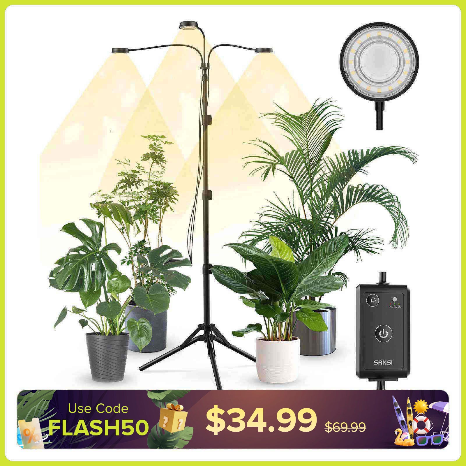 SANSI 30W 3-Head Adjustable Tripod Stand Grow Light with Remote Control