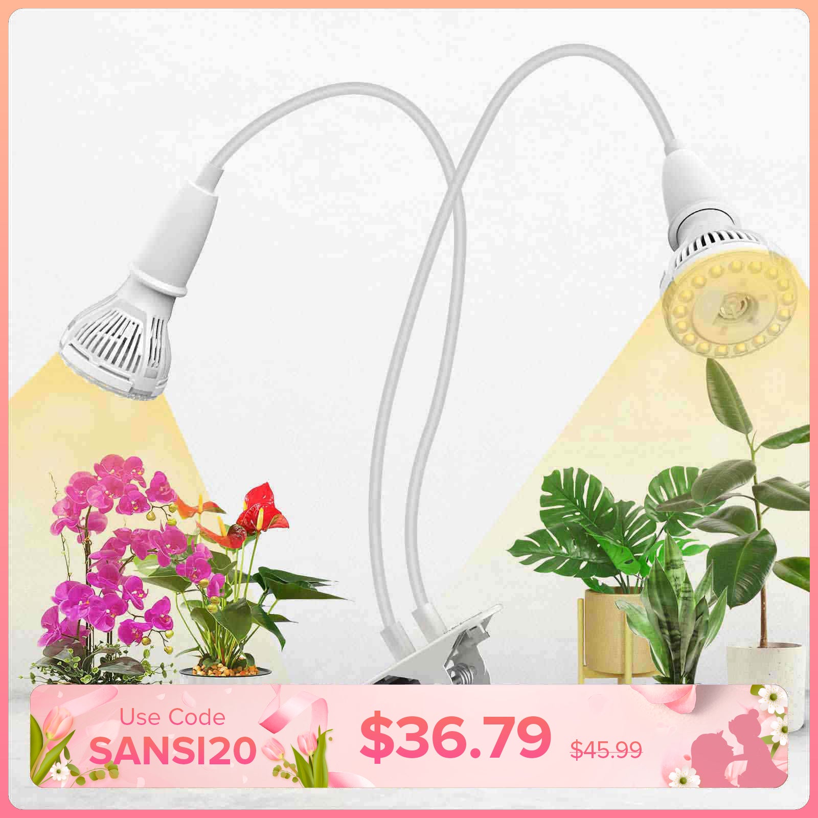 20W Adjustable 2-Head Clip-on LED Grow Light